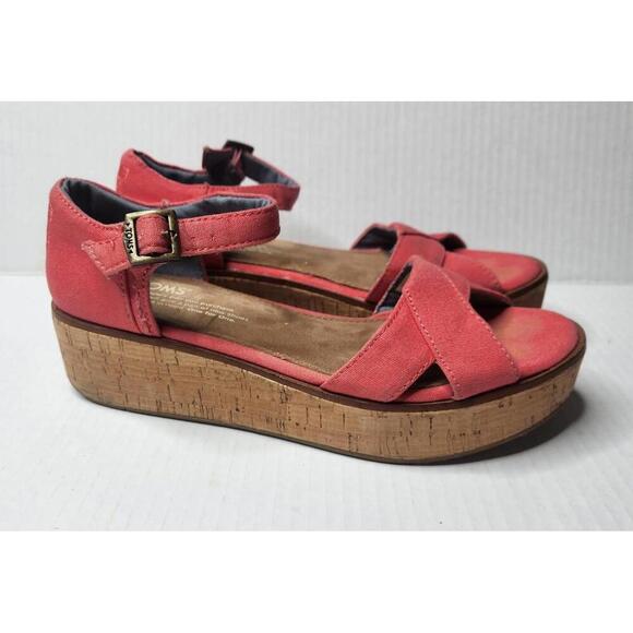 TOMS Shoes Womens Size 6 Canvas Cork Wedge Platform Sandals Ankle Strap Summer - Picture 2 of 8